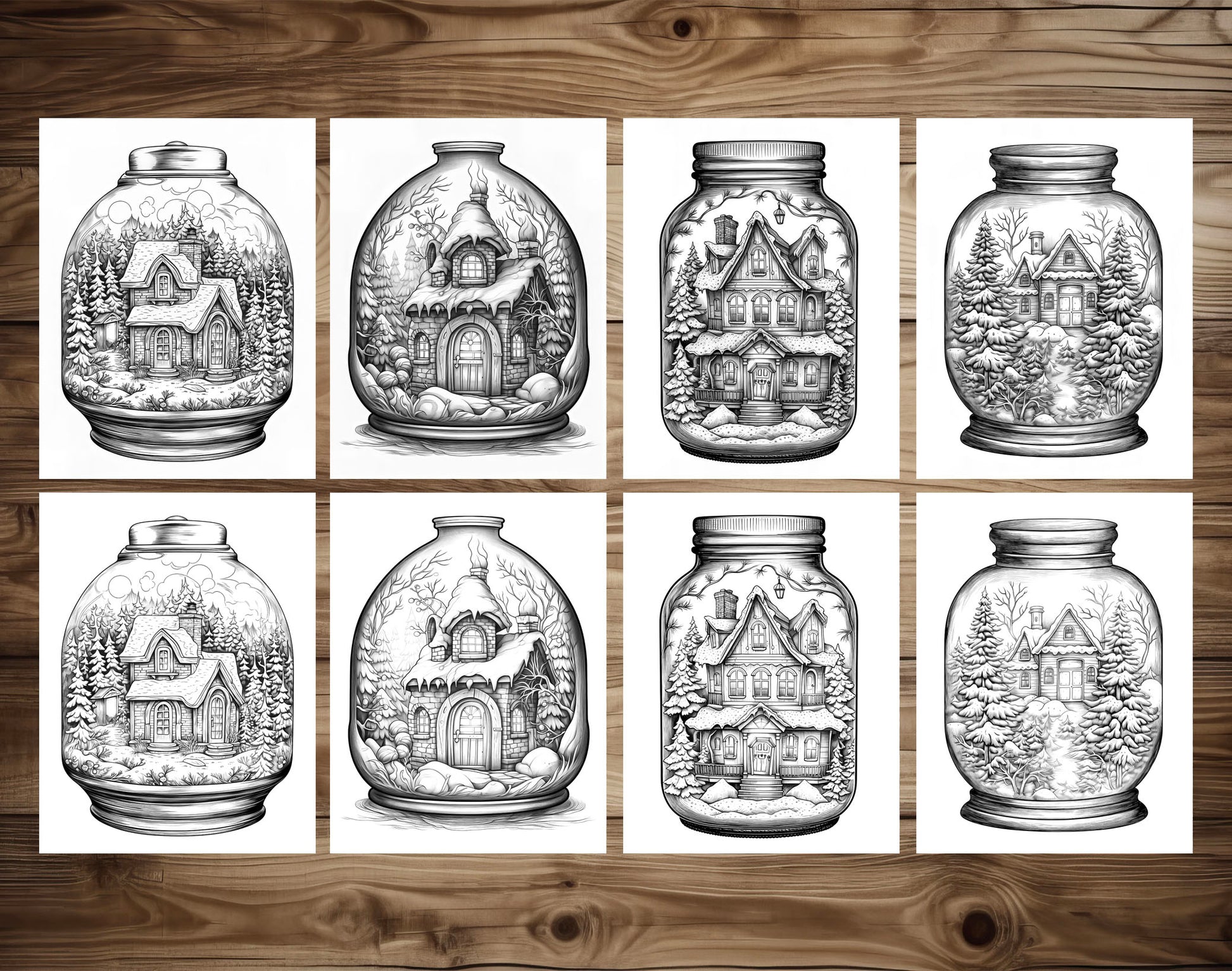 50 Snow House In Jar Grayscale Coloring Pages - Instant Download - Printable PDF Dark/Light – preview 7