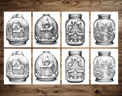 50 Snow House In Jar Grayscale Coloring Pages - Instant Download - Printable PDF Dark/Light – preview 7