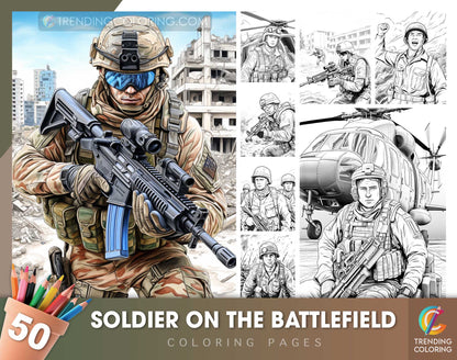 50 Soldier On The Battlefield Coloring Pages - Instant Download - Printable PDF