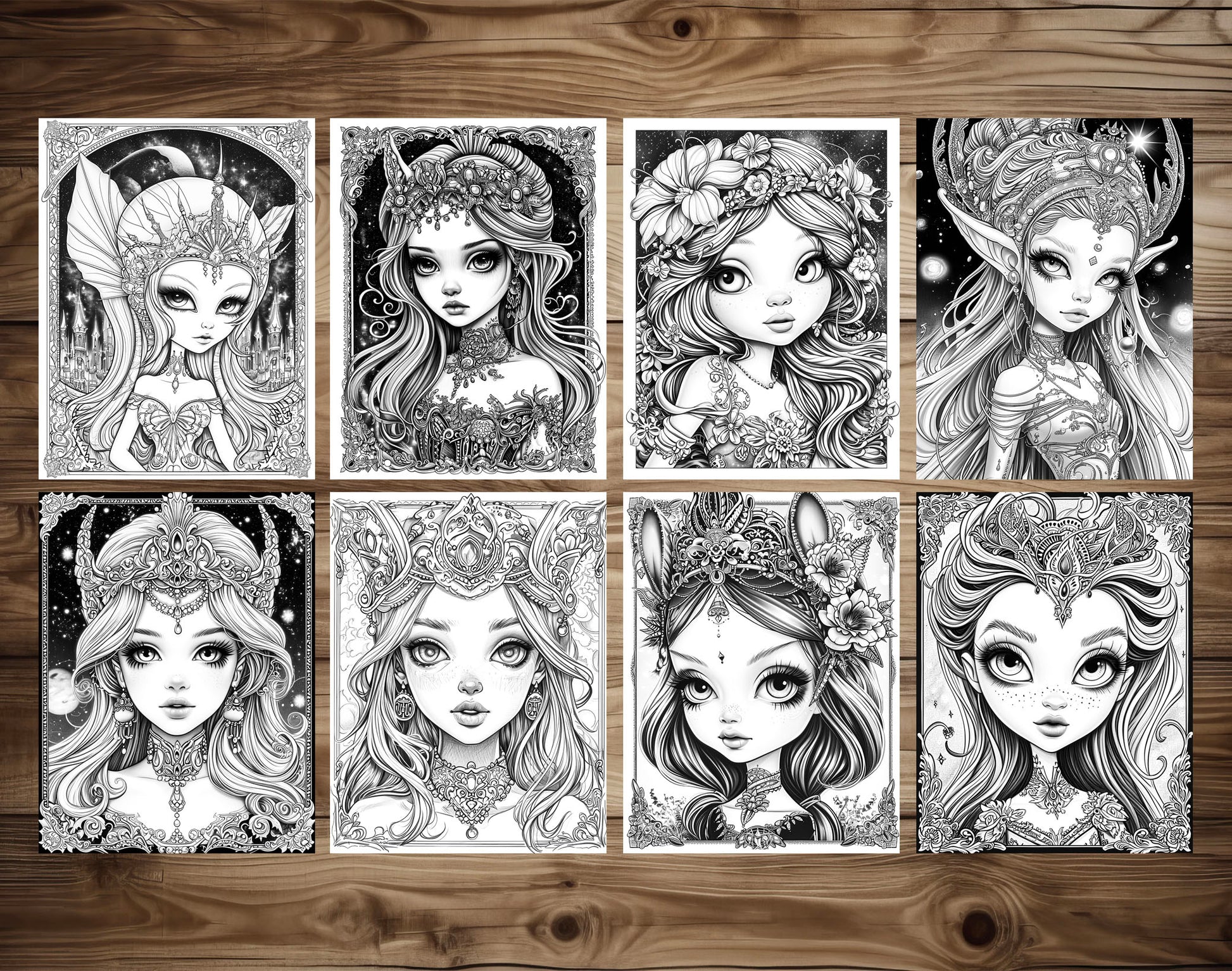 50 Space Queen Grayscale Coloring Pages - Instant Download - Printable PDF Dark/Light – preview 5