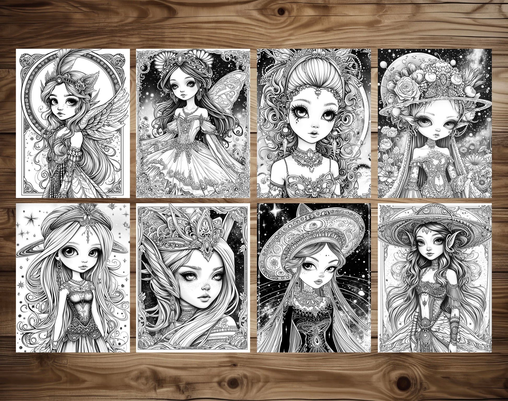 50 Space Queen Grayscale Coloring Pages - Instant Download - Printable PDF Dark/Light – preview 6