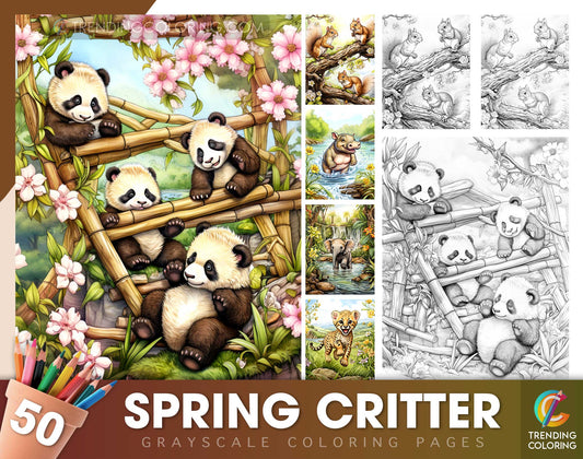 50 Spring Critter Grayscale Coloring Pages - Instant Download - Printable PDF Dark/Light