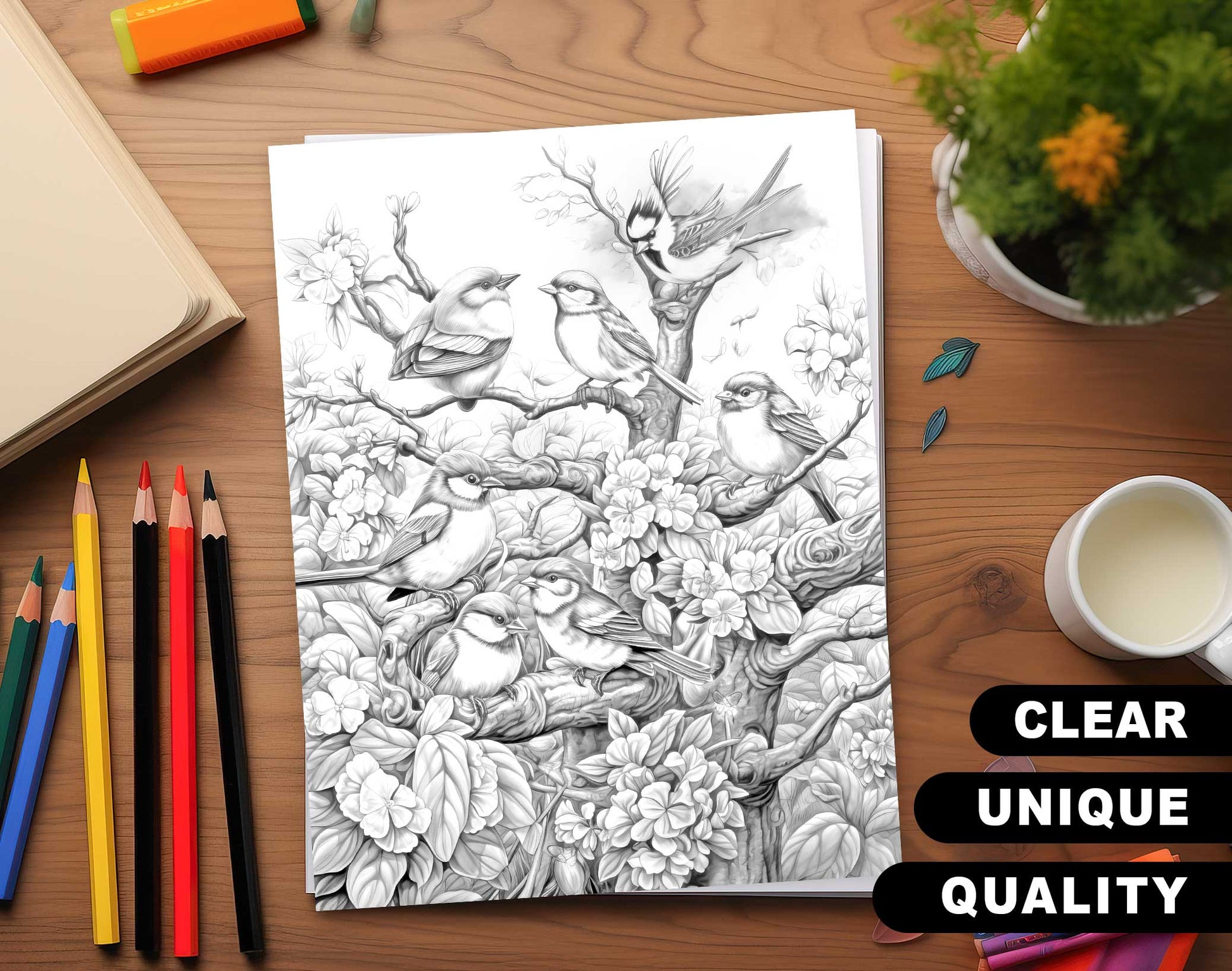 50 Spring Critter Grayscale Coloring Pages - Instant Download - Printable PDF Dark/Light – preview 3