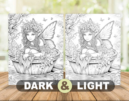 50 Spring Fairy Grayscale Coloring Pages - Instant Download - Printable PDF Dark/Light – preview 5