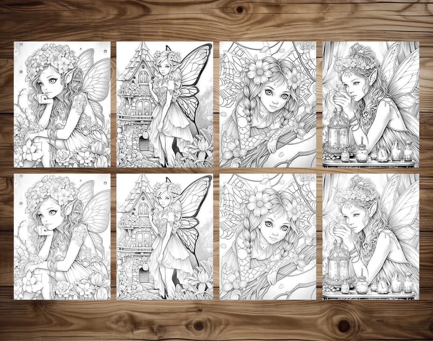 50 Spring Fairy Grayscale Coloring Pages - Instant Download - Printable PDF Dark/Light – preview 6