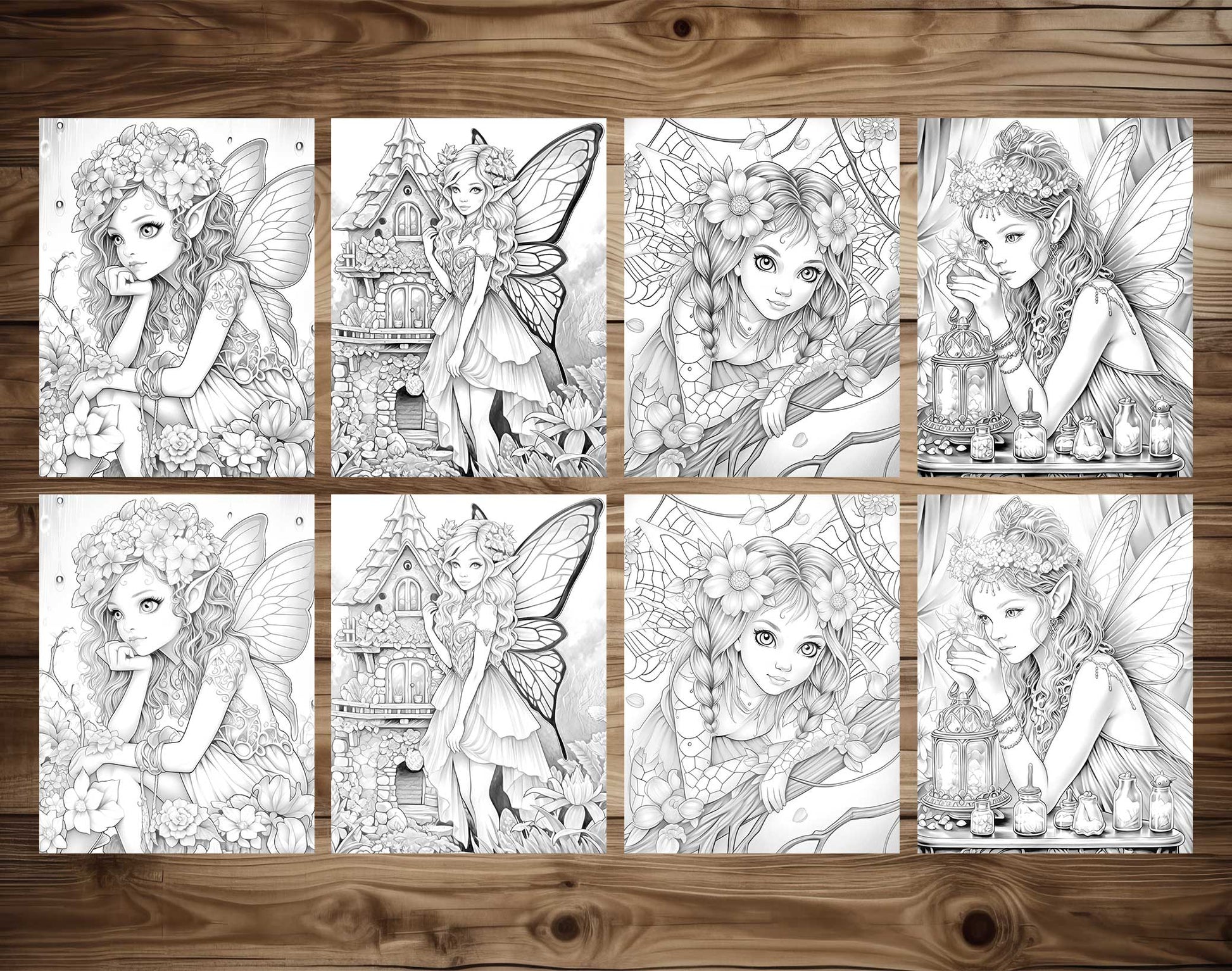 50 Spring Fairy Grayscale Coloring Pages - Instant Download - Printable PDF Dark/Light – preview 6