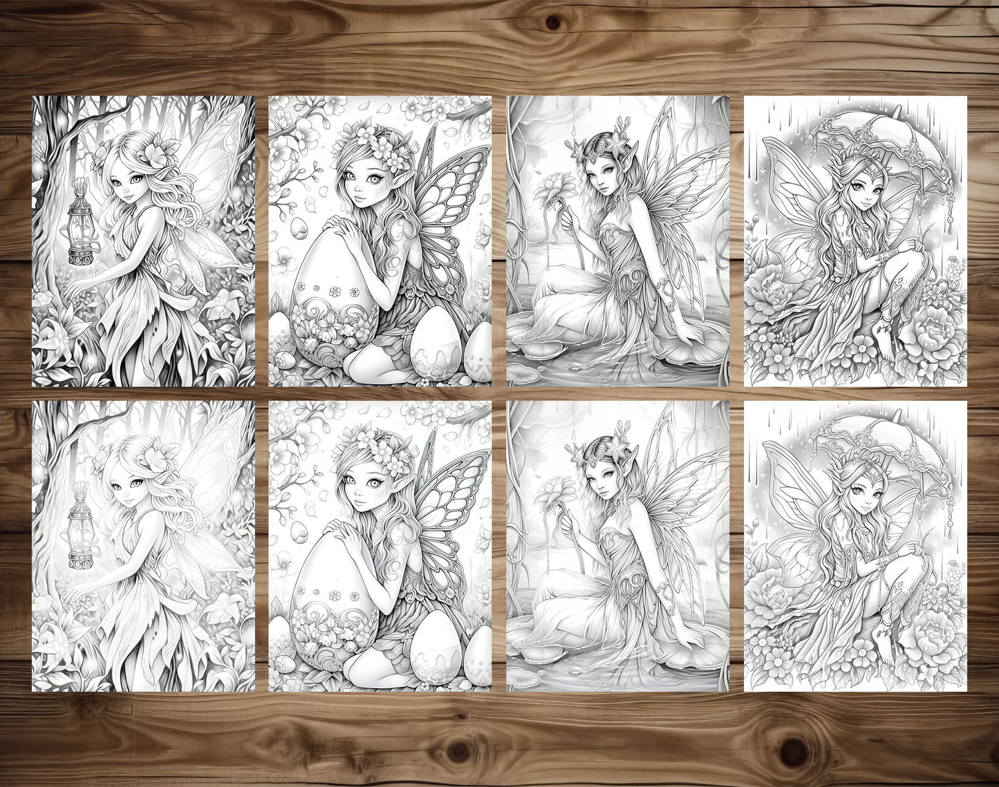 50 Spring Fairy Grayscale Coloring Pages - Instant Download - Printable PDF Dark/Light – preview 7