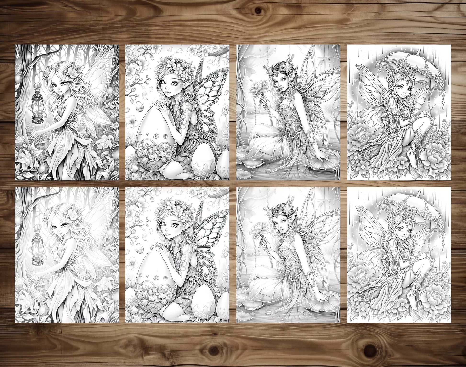 50 Spring Fairy Grayscale Coloring Pages - Instant Download - Printable PDF Dark/Light – preview 7