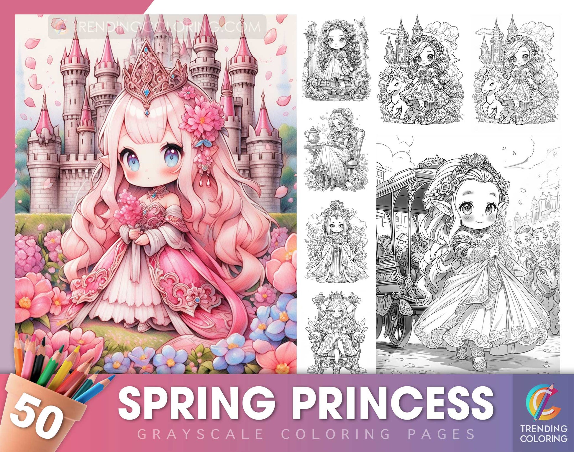 50 Spring Princess Grayscale Coloring Pages - Instant Download - Printable PDF Dark/Light