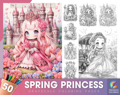 50 Spring Princess Grayscale Coloring Pages - Instant Download - Printable PDF Dark/Light