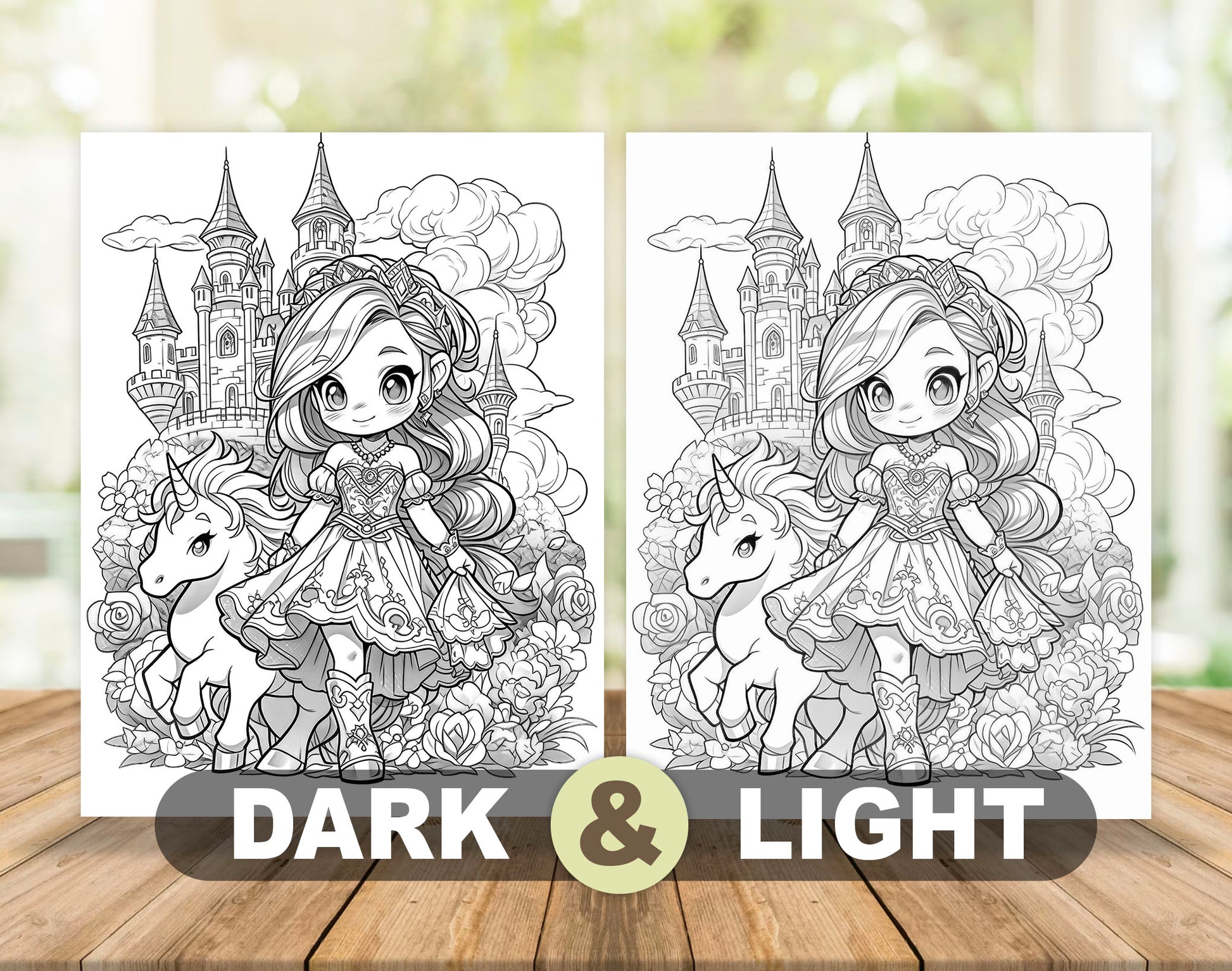 50 Spring Princess Grayscale Coloring Pages - Instant Download - Printable PDF Dark/Light – preview 4