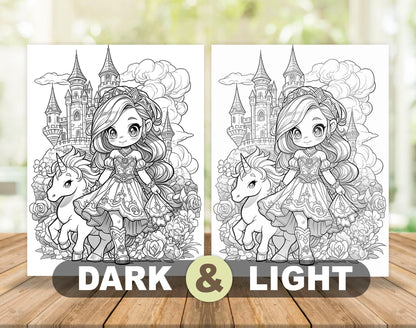 50 Spring Princess Grayscale Coloring Pages - Instant Download - Printable PDF Dark/Light – preview 4