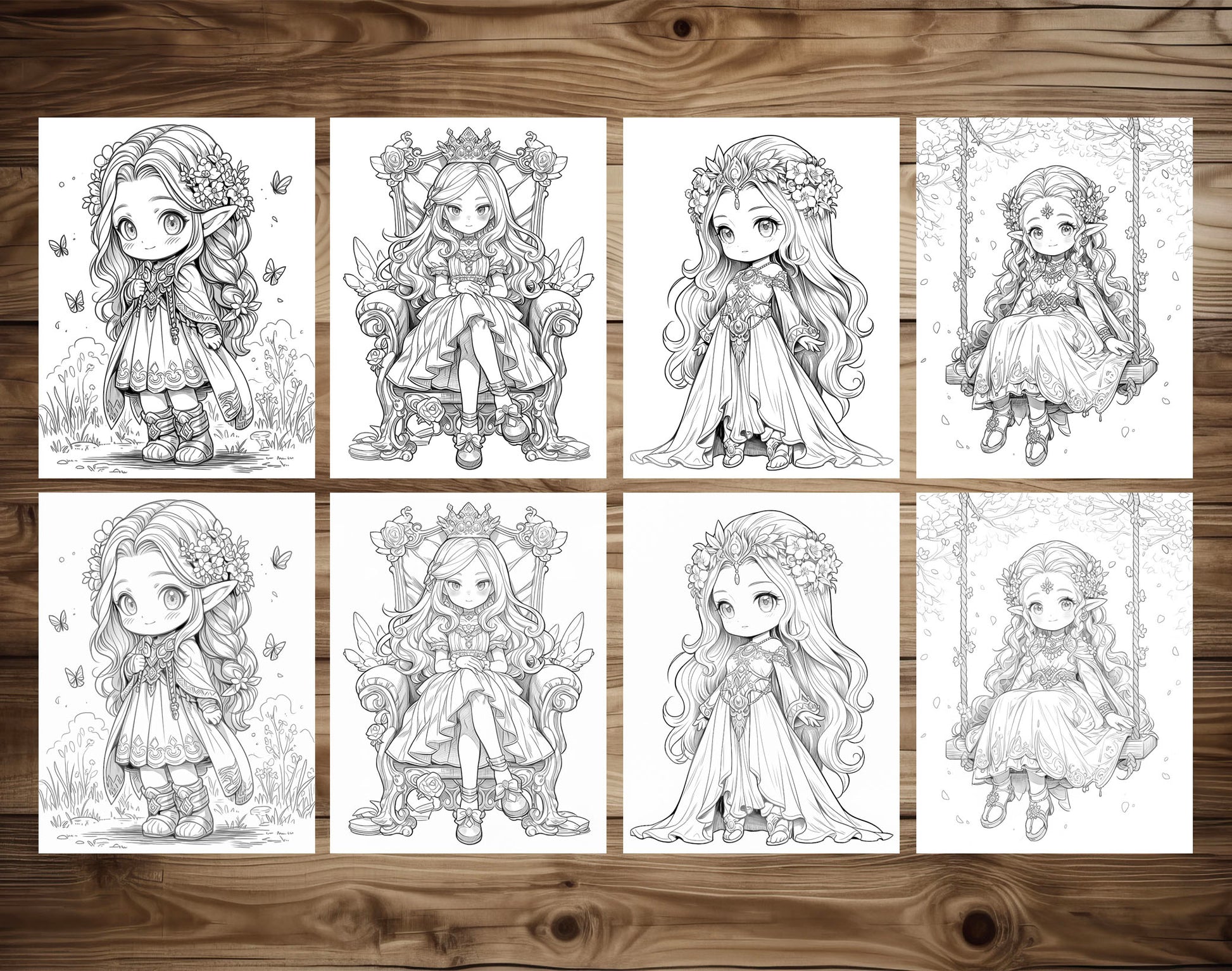 50 Spring Princess Grayscale Coloring Pages - Instant Download - Printable PDF Dark/Light – preview 6