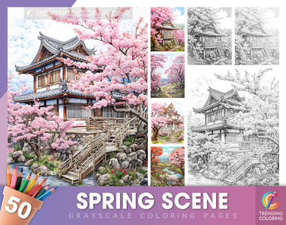 50 Spring Scene Grayscale Coloring Pages - Instant Download - Printable PDF Dark/Light