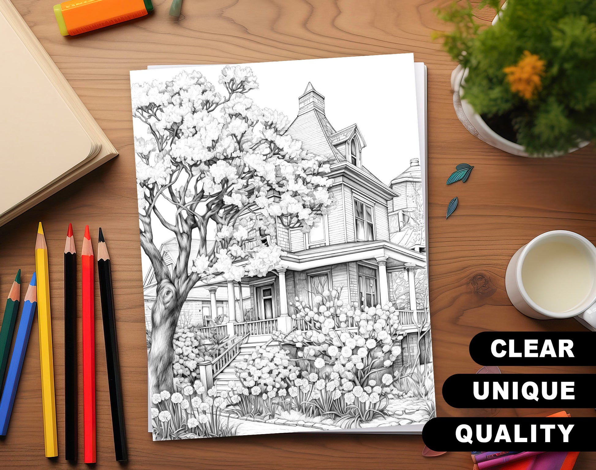 50 Spring Scene Grayscale Coloring Pages - Instant Download - Printable PDF Dark/Light – preview 3