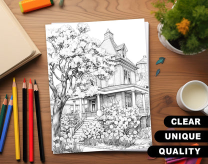 50 Spring Scene Grayscale Coloring Pages - Instant Download - Printable PDF Dark/Light – preview 3