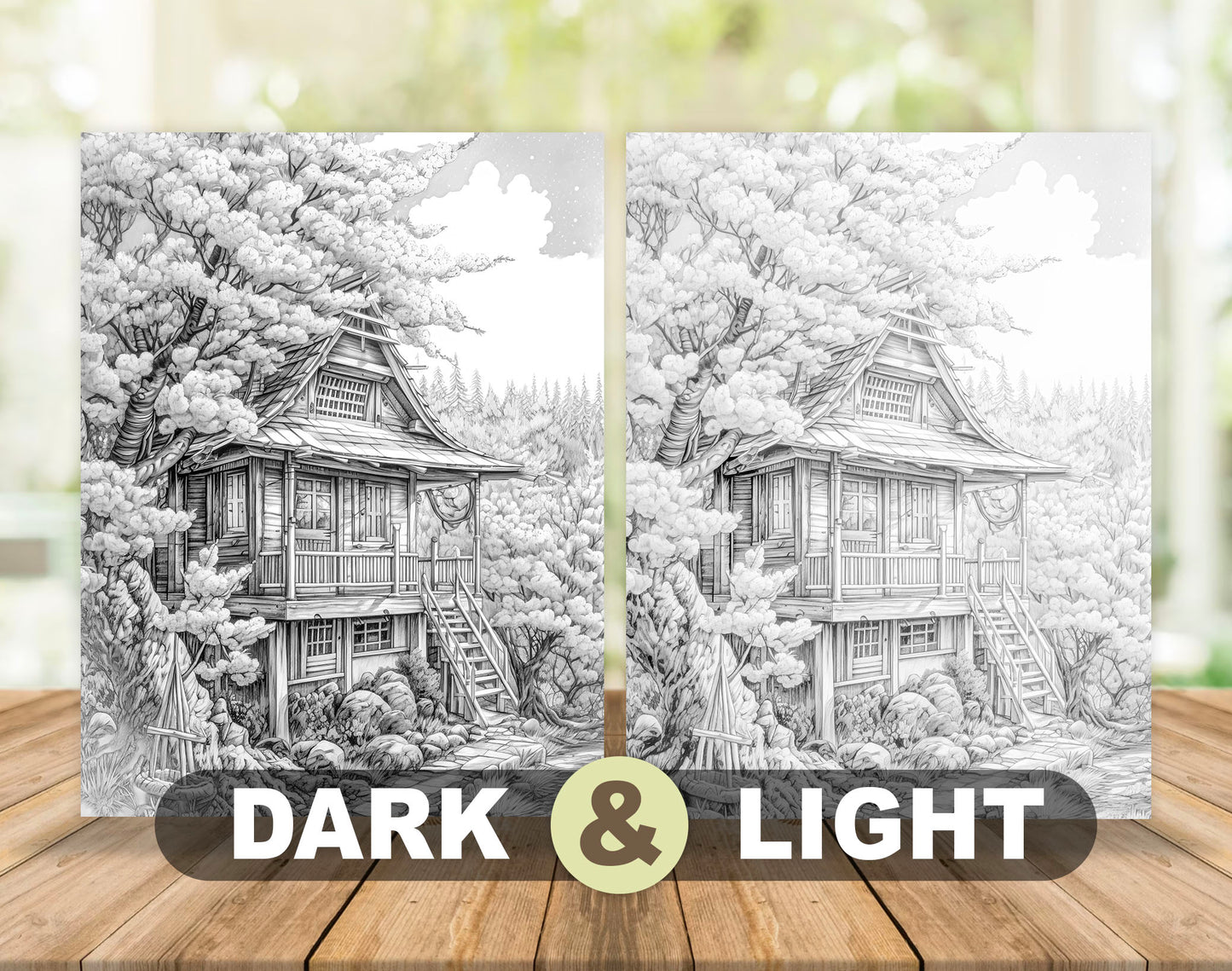 50 Spring Scene Grayscale Coloring Pages - Instant Download - Printable PDF Dark/Light – preview 5