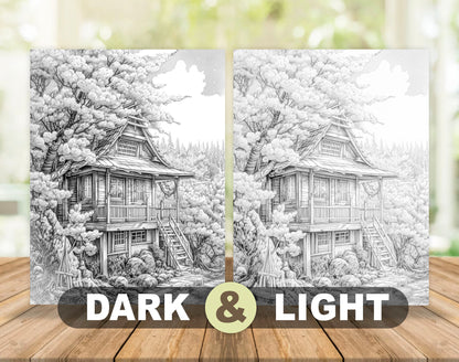 50 Spring Scene Grayscale Coloring Pages - Instant Download - Printable PDF Dark/Light – preview 5