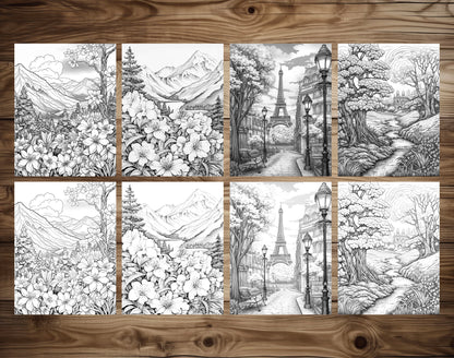 50 Spring Scene Grayscale Coloring Pages - Instant Download - Printable PDF Dark/Light – preview 6