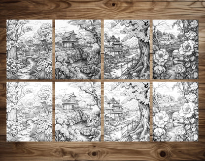 50 Spring Scene Grayscale Coloring Pages - Instant Download - Printable PDF Dark/Light – preview 7