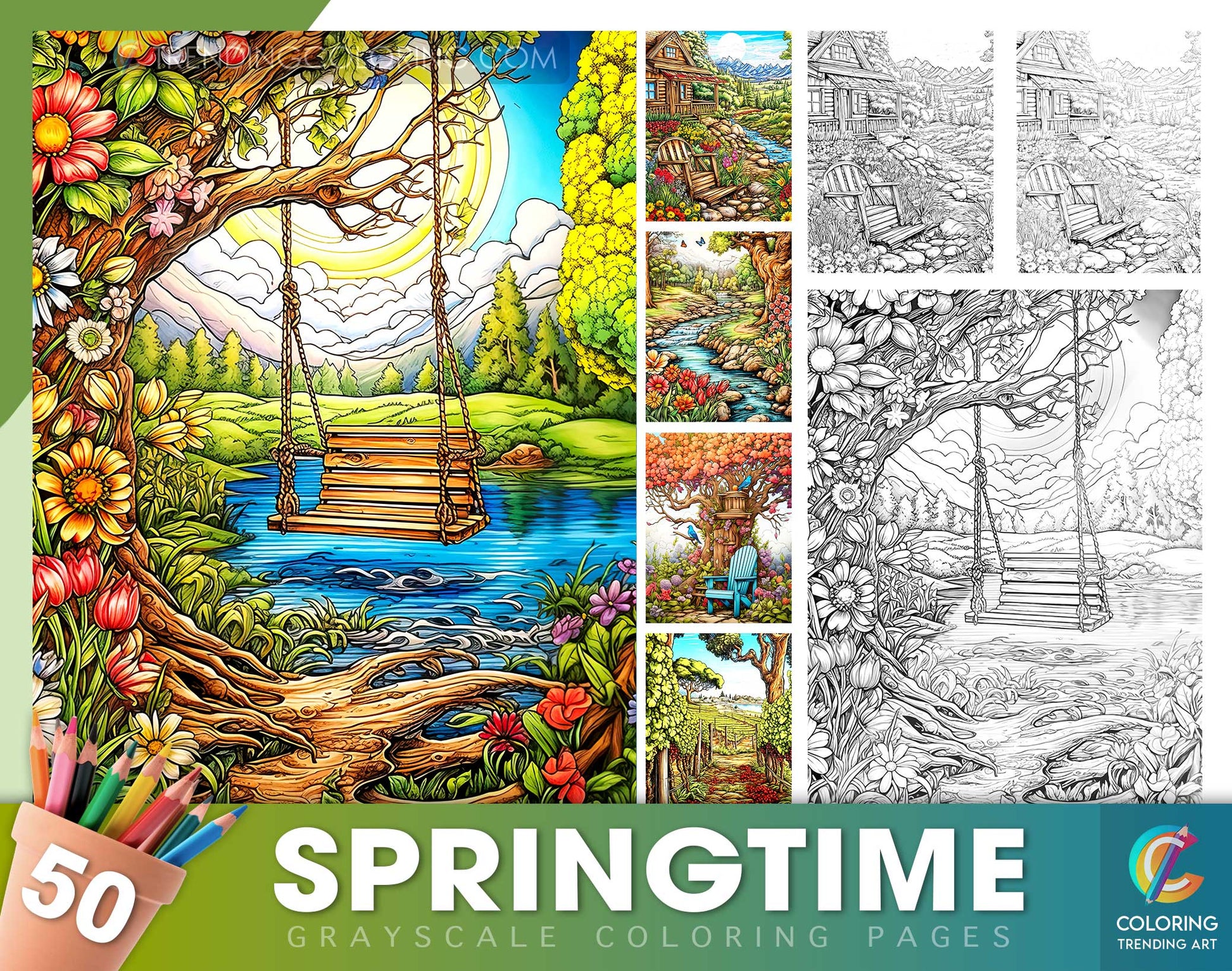 50 Springtime Grayscale Coloring Pages - Instant Download - Printable PDF Dark/Light