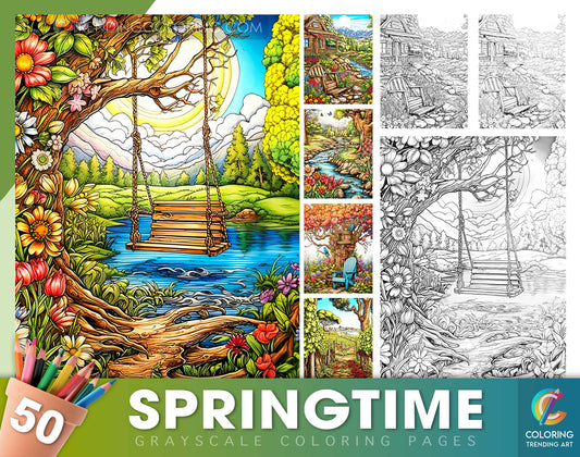 50 Springtime Grayscale Coloring Pages - Instant Download - Printable PDF Dark/Light