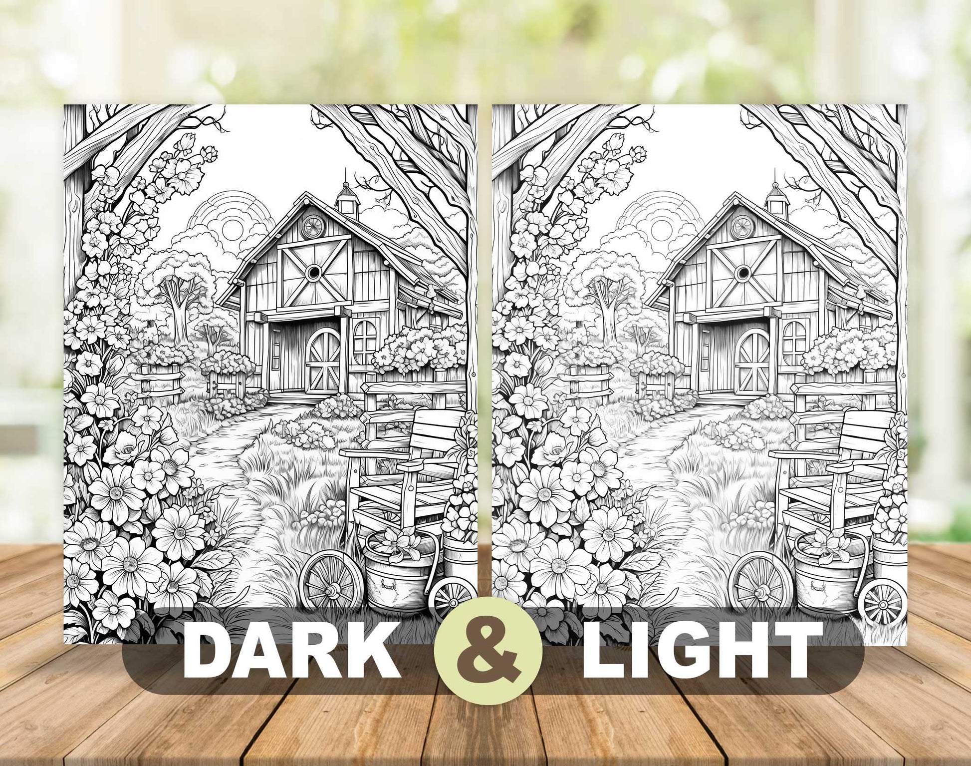 50 Springtime Grayscale Coloring Pages - Instant Download - Printable PDF Dark/Light – preview 5