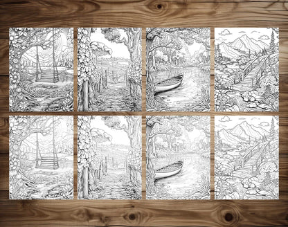 50 Springtime Grayscale Coloring Pages - Instant Download - Printable PDF Dark/Light – preview 7