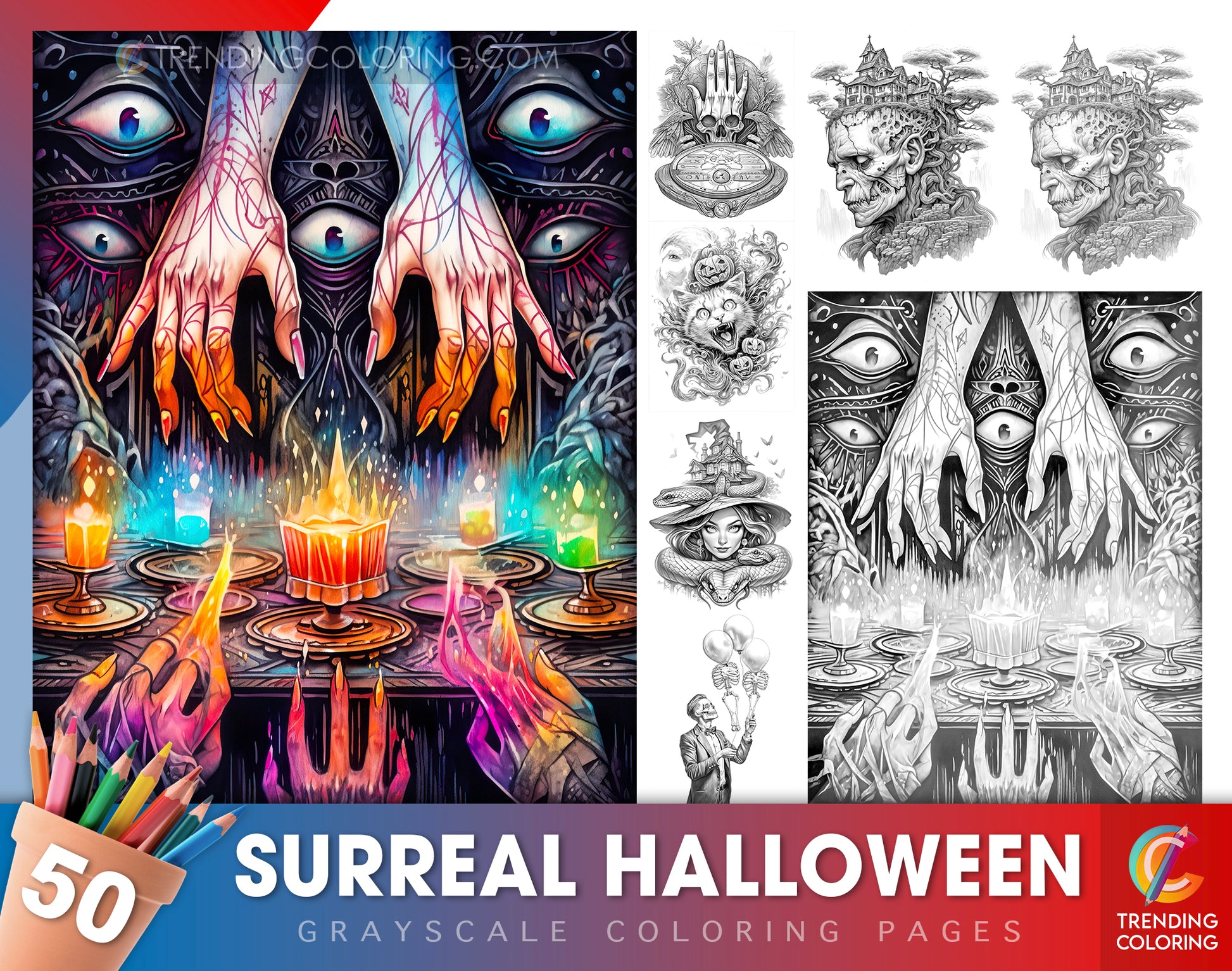 50 Surreal Halloween Grayscale Coloring Pages - Instant Download - Printable PDF Dark/Light