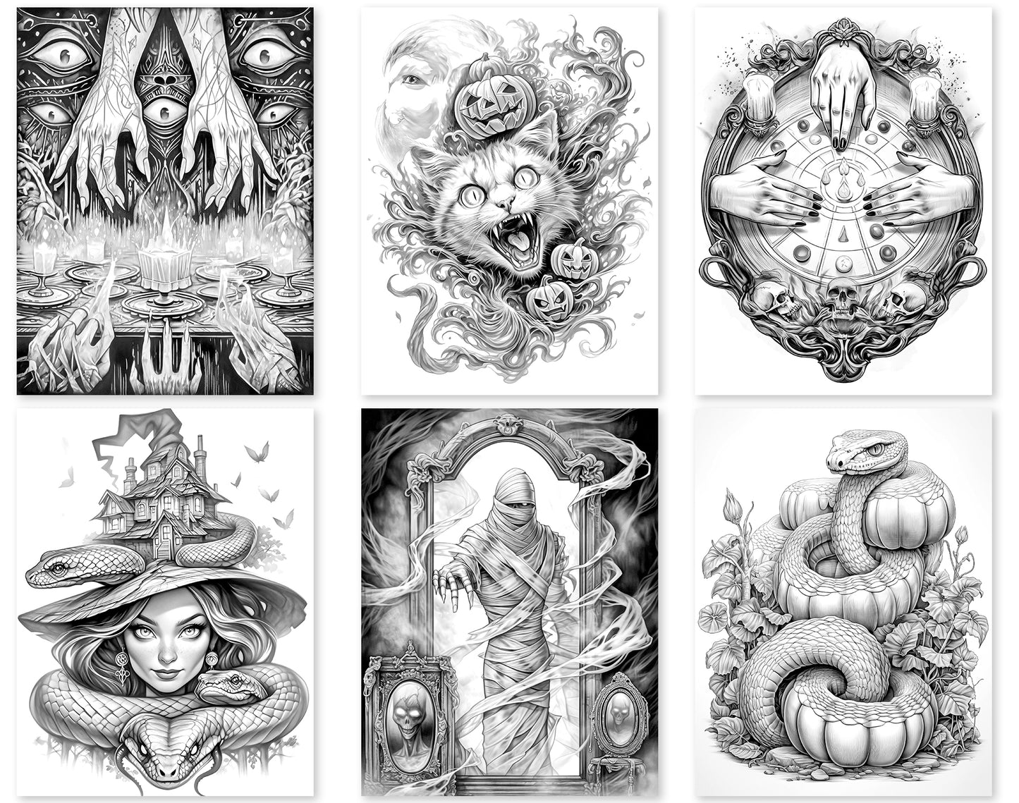 50 Surreal Halloween Grayscale Coloring Pages - Instant Download - Printable PDF Dark/Light – preview 2