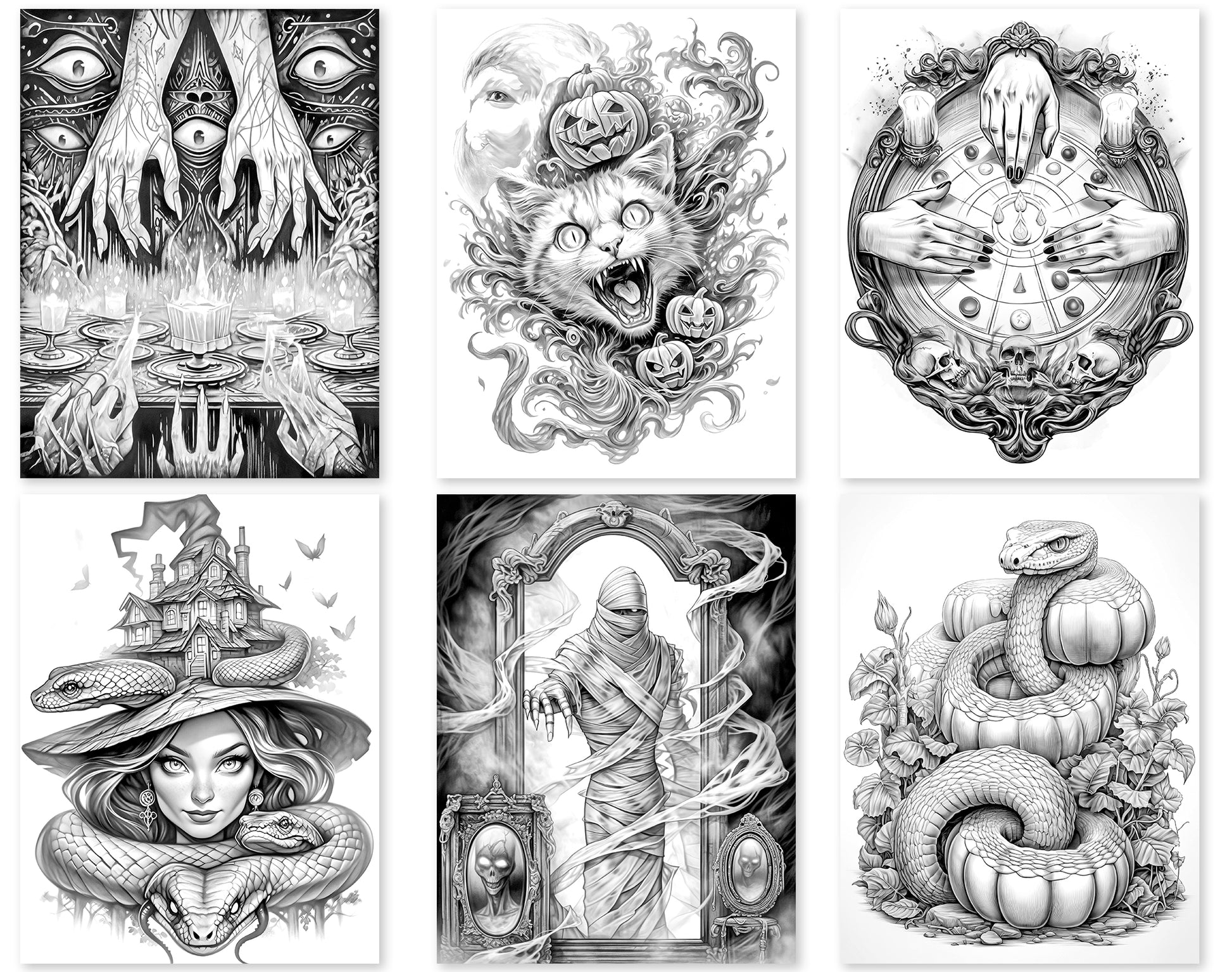 50 Surreal Halloween Grayscale Coloring Pages - Instant Download - Printable PDF Dark/Light – preview 2