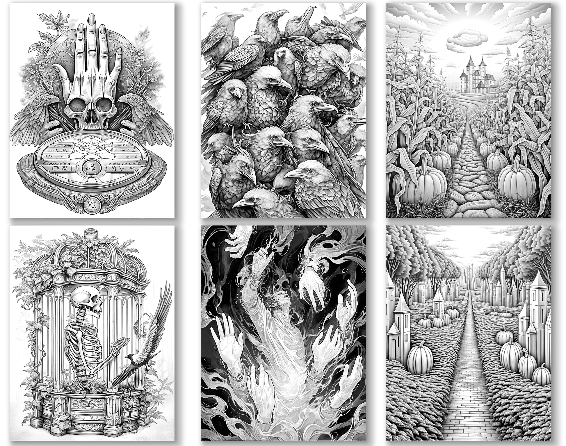 50 Surreal Halloween Grayscale Coloring Pages - Instant Download - Printable PDF Dark/Light – preview 3