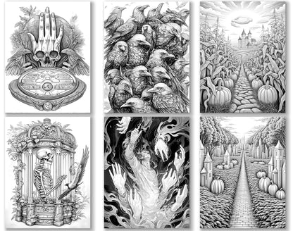 50 Surreal Halloween Grayscale Coloring Pages - Instant Download - Printable PDF Dark/Light – preview 3
