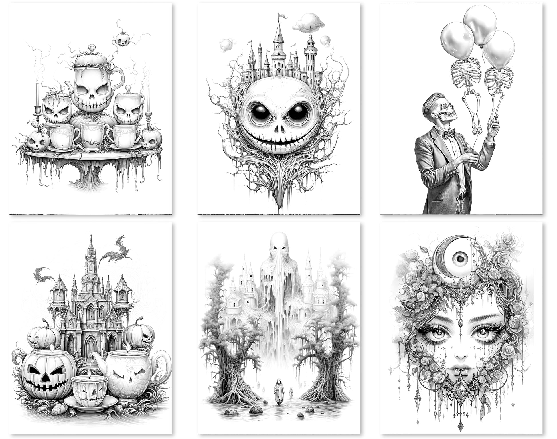 50 Surreal Halloween Grayscale Coloring Pages - Instant Download - Printable PDF Dark/Light – preview 4