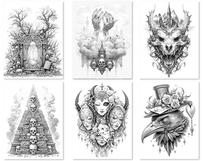 50 Surreal Halloween Grayscale Coloring Pages - Instant Download - Printable PDF Dark/Light – preview 5