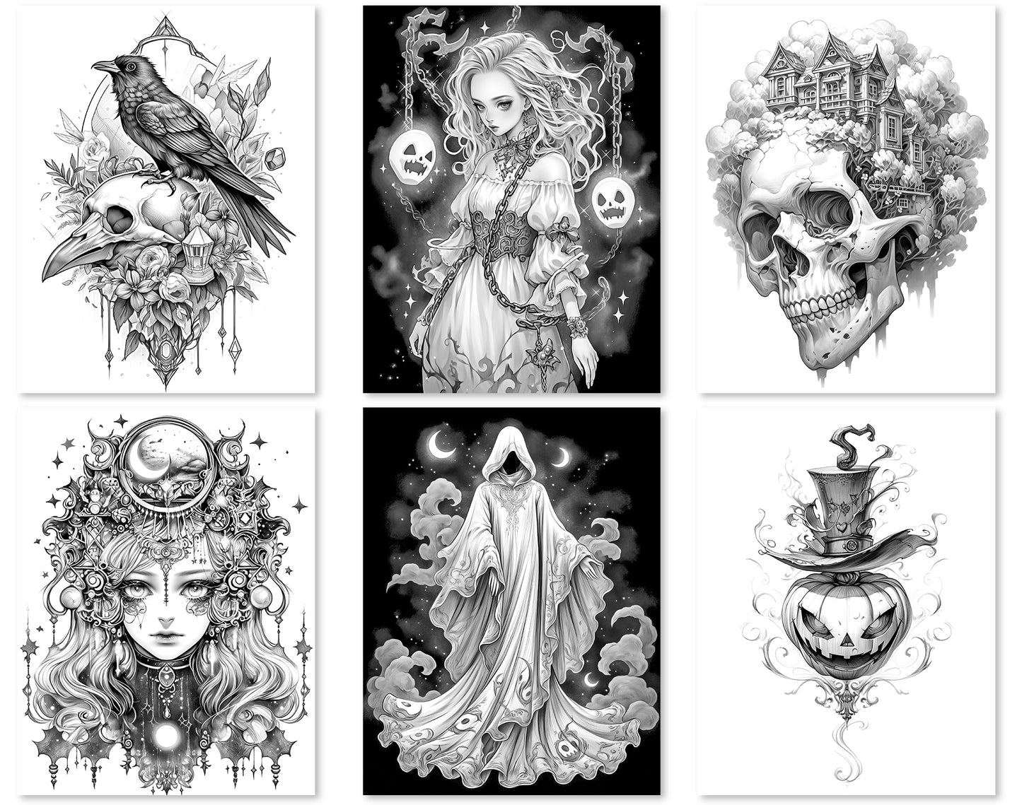 50 Surreal Halloween Grayscale Coloring Pages - Instant Download - Printable PDF Dark/Light – preview 6