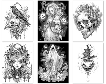 50 Surreal Halloween Grayscale Coloring Pages - Instant Download - Printable PDF Dark/Light – preview 6