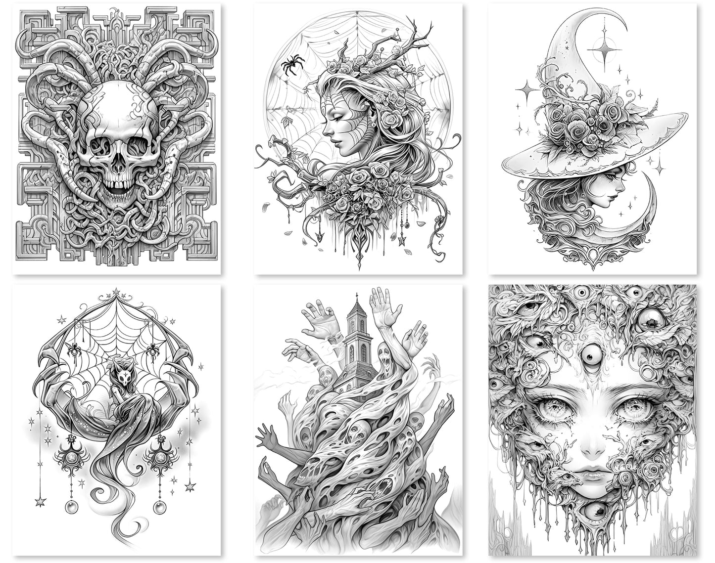 50 Surreal Halloween Grayscale Coloring Pages - Instant Download - Printable PDF Dark/Light – preview 8