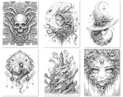 50 Surreal Halloween Grayscale Coloring Pages - Instant Download - Printable PDF Dark/Light – preview 8