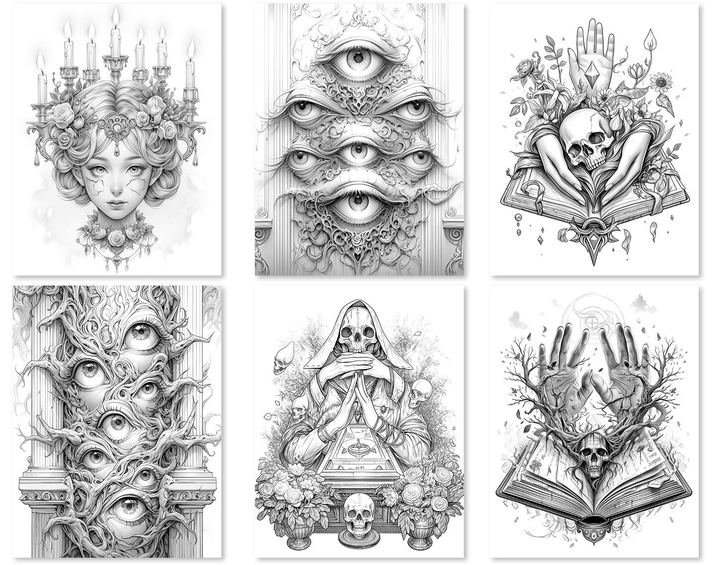 50 Surreal Halloween Grayscale Coloring Pages - Instant Download - Printable PDF Dark/Light – preview 9