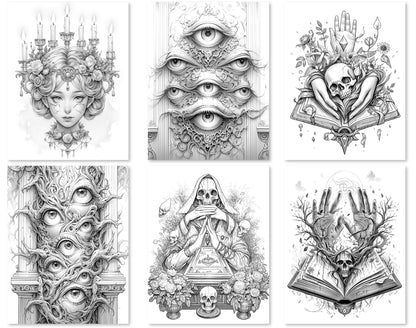 50 Surreal Halloween Grayscale Coloring Pages - Instant Download - Printable PDF Dark/Light – preview 9