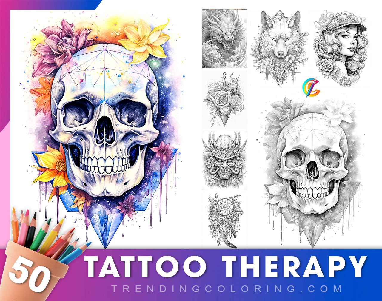 50 Grayscale Tattoo Coloring Pages - Instant Download PDF (Dark/Light)