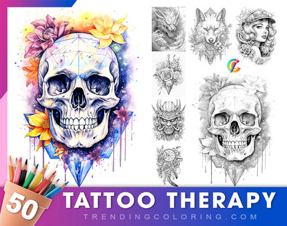 50 Grayscale Tattoo Coloring Pages - Instant Download PDF (Dark/Light)