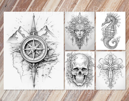 50 Grayscale Tattoo Coloring Pages - Instant Download PDF (Dark/Light) – preview 10