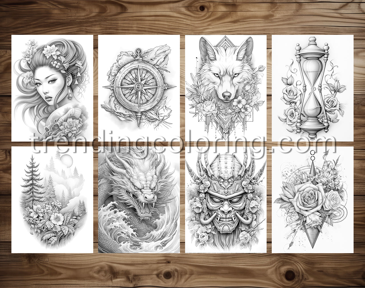 50 Grayscale Tattoo Coloring Pages - Instant Download PDF (Dark/Light) – preview 3