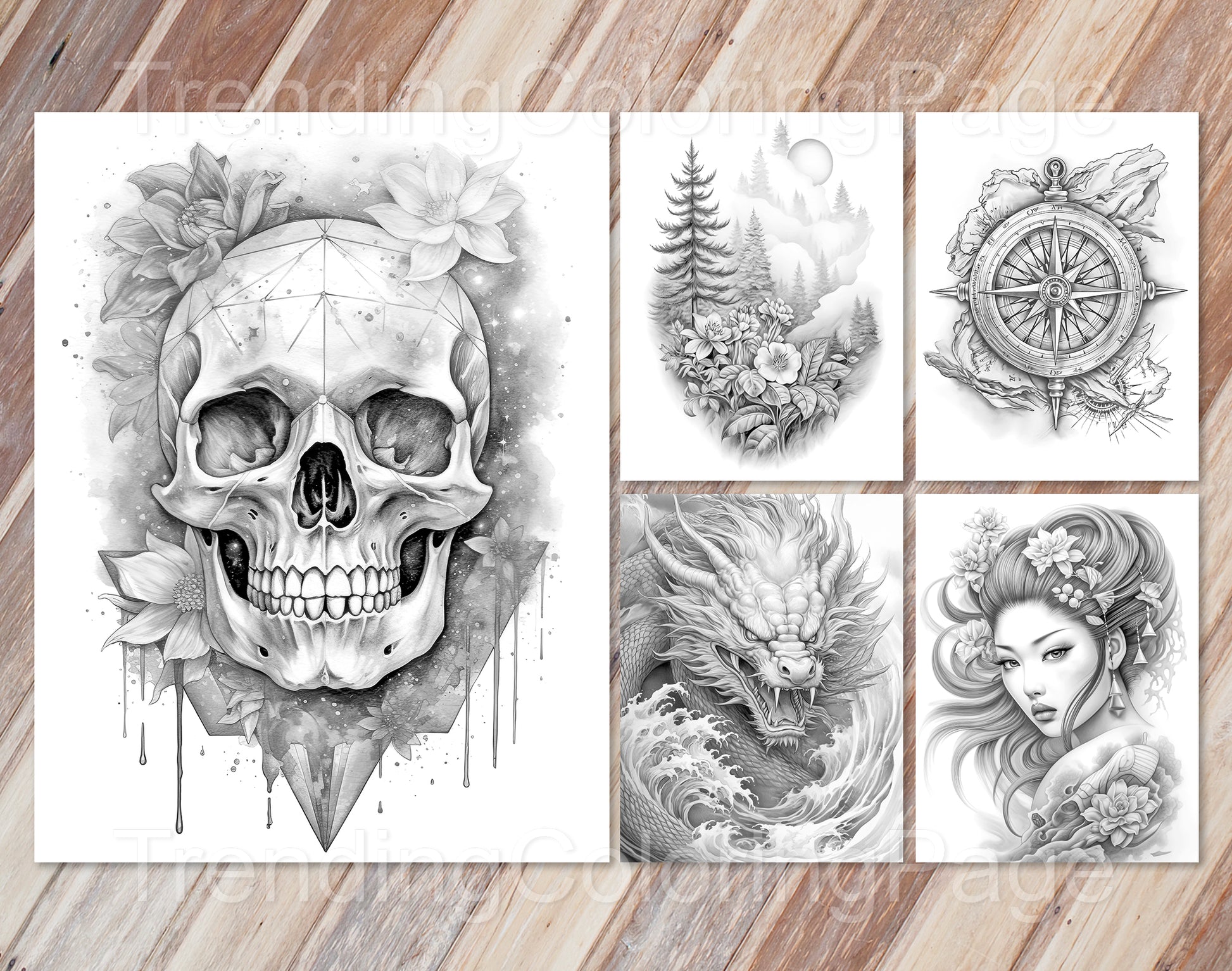 50 Grayscale Tattoo Coloring Pages - Instant Download PDF (Dark/Light) – preview 5