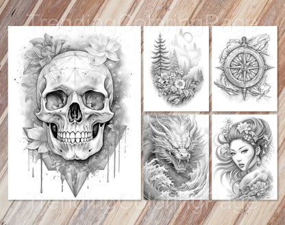 50 Grayscale Tattoo Coloring Pages - Instant Download PDF (Dark/Light) – preview 5