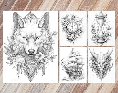 50 Grayscale Tattoo Coloring Pages - Instant Download PDF (Dark/Light) – preview 6