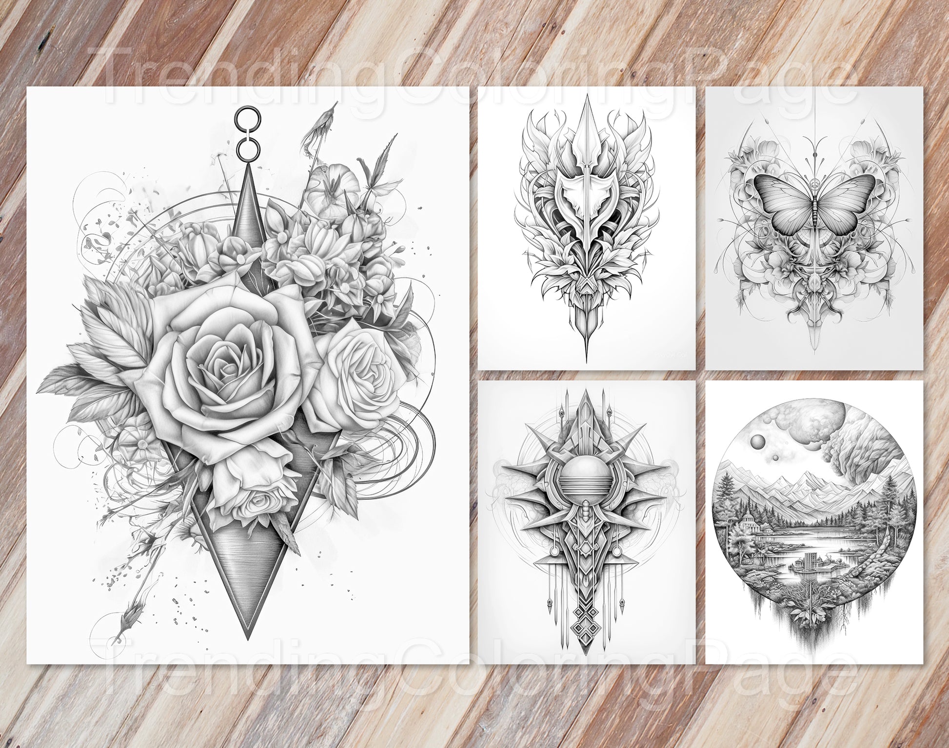 50 Grayscale Tattoo Coloring Pages - Instant Download PDF (Dark/Light) – preview 7