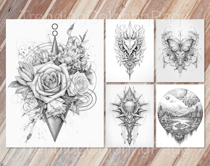 50 Grayscale Tattoo Coloring Pages - Instant Download PDF (Dark/Light) – preview 7